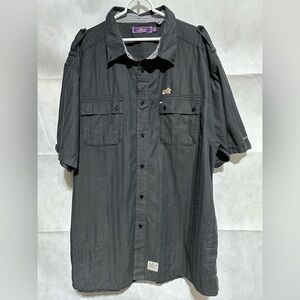 AKOO Brand Men's 4XL Shirt Embroidered Short Sleeve Black Button Cotton Applique